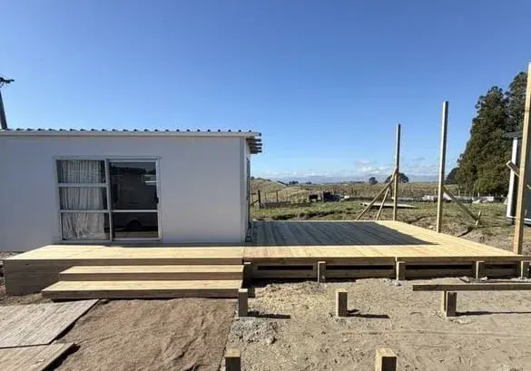 Treated pine deck frame and joists under construction, Palmerston North